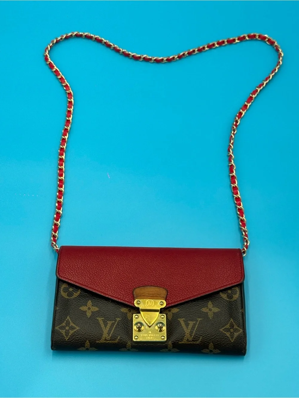 Louis Vuitton Monogram Pallas Wallet Crossbody Red Leather + Chain